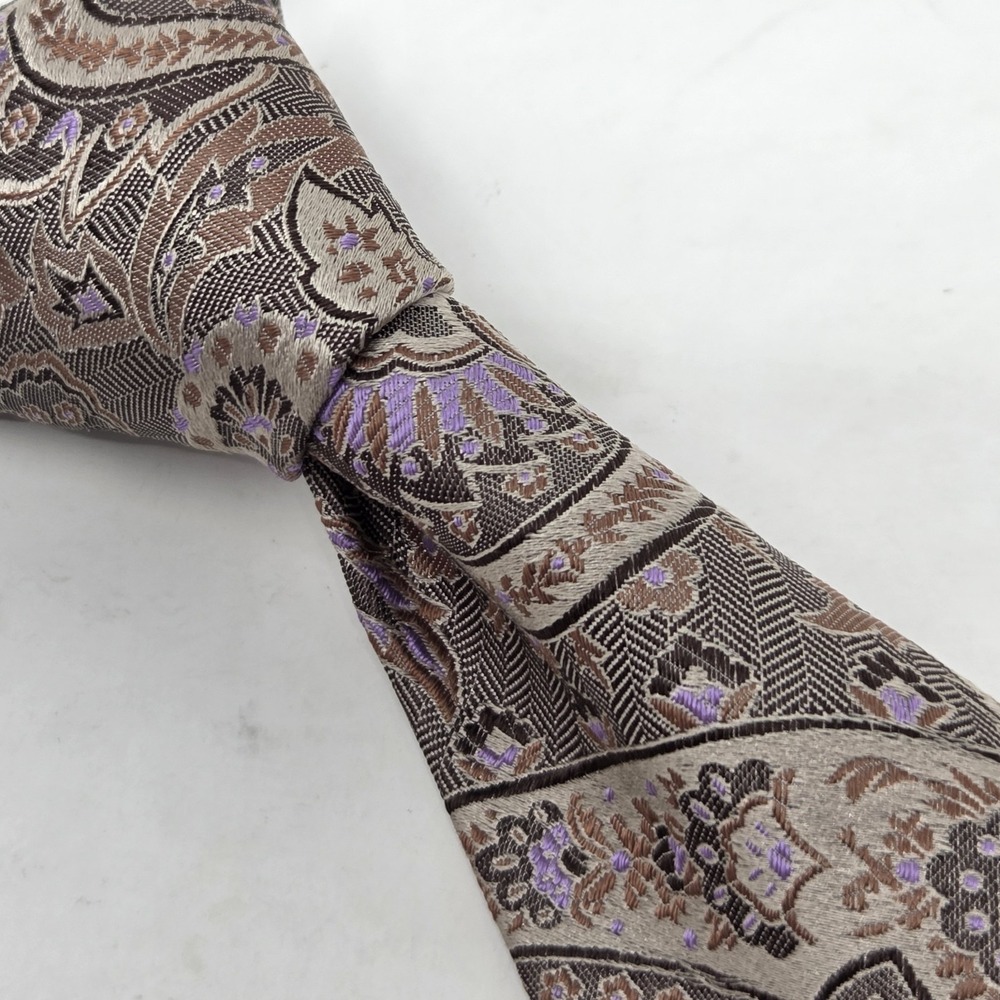 Paul Fredrick 100% Silk Necktie Brown Gold Purple Paisley‎ Handmade in Italy